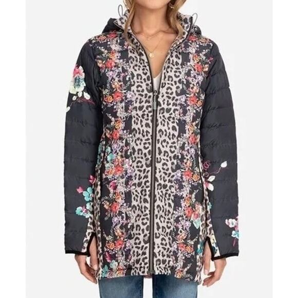 Johnny Was Lubello Reversible Full Zip Leopard Floral Puffer Jacket Black Large - Picture 2 of 13